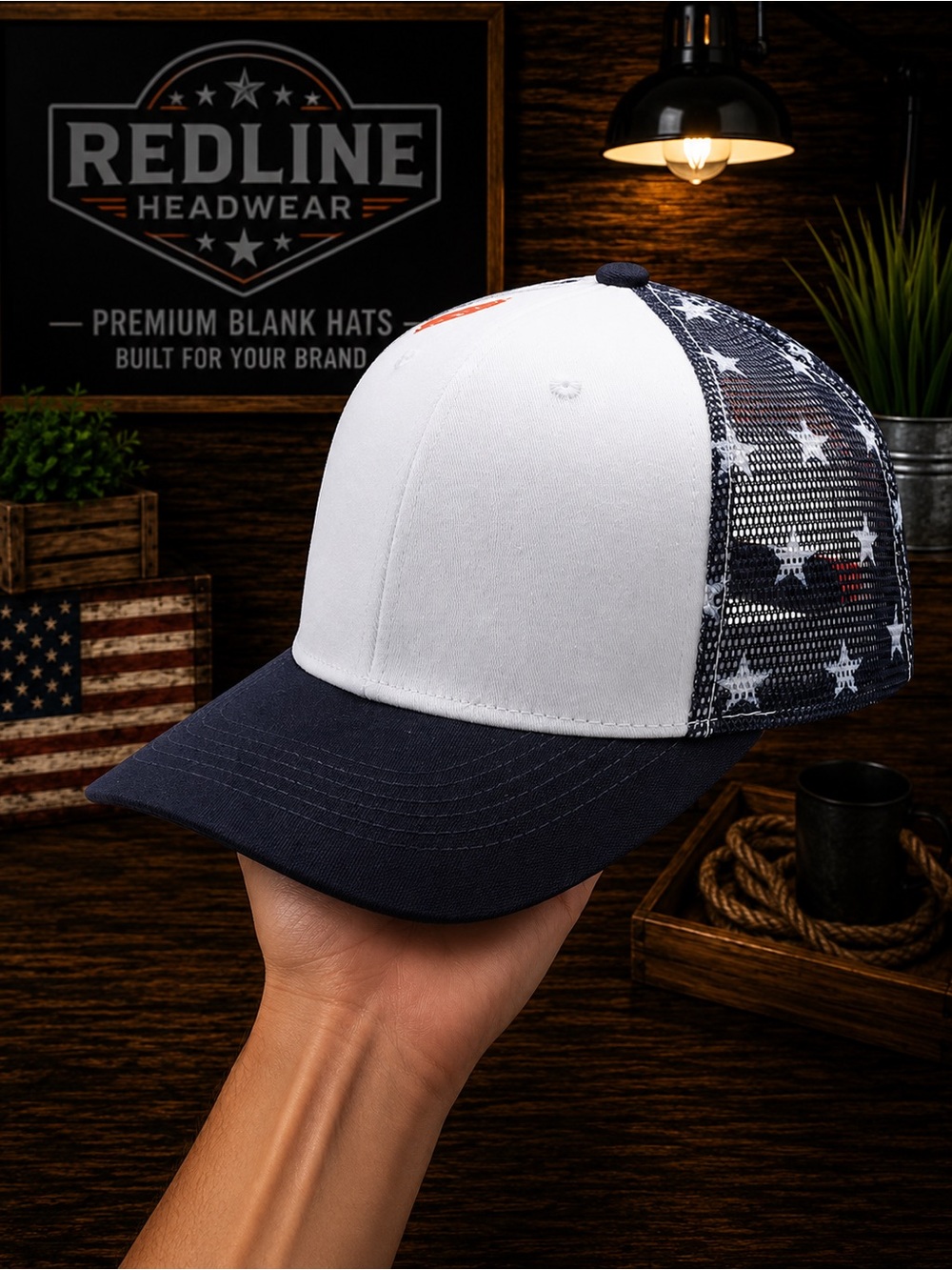 White & Navy Tactical Operator Trucker Hat | American Flag Mesh Snapback Cap